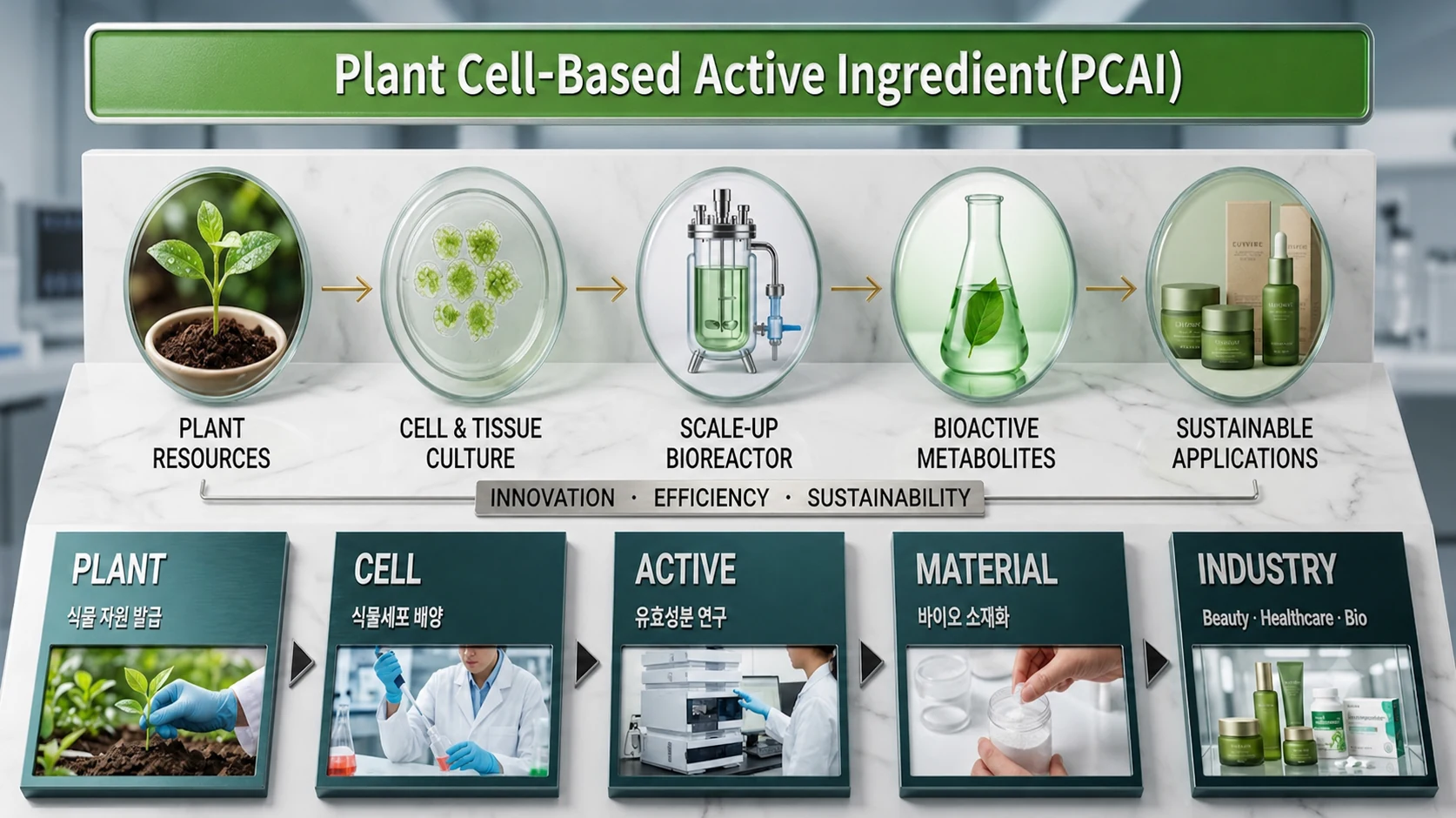 PCAI 5단계 공정: Plant Resources, Cell & Tissue Culture, Scale-up Bioreactor, Bioactive Metabolites, Sustainable Applications